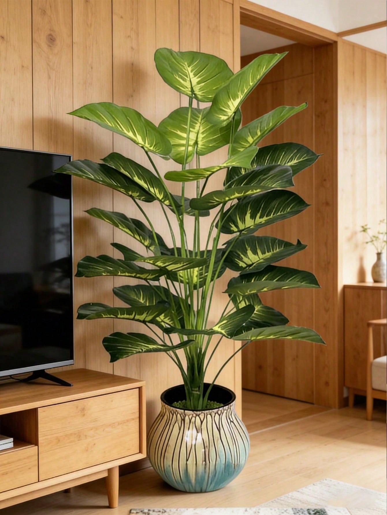 Pothos - 大型の人工観葉植物「マネーツリー」、鉢植えタイプ。18枚または36枚の葉を持つ、緑色の熱帯植物で、屋内、屋外、結婚式、庭の背景装飾に最適。